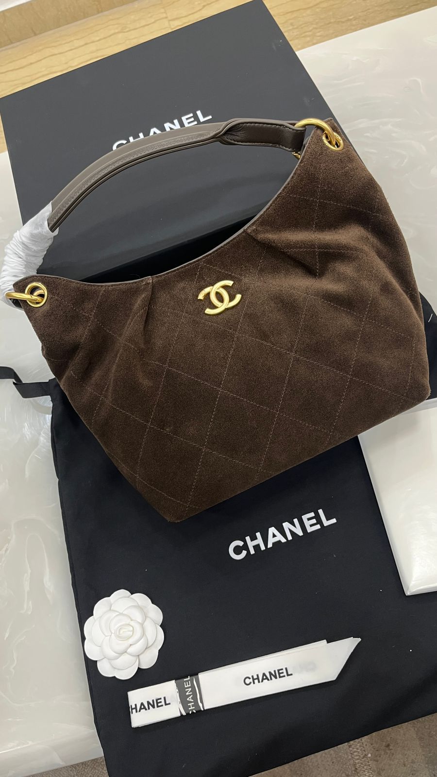 Dark brown suede Chanel Maxi Hobo Bag