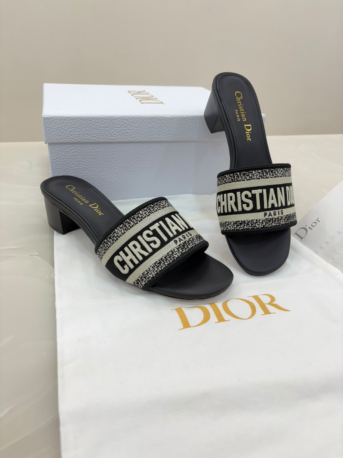 Dior Heeled Slide Deep Blue Embroidered Cotton