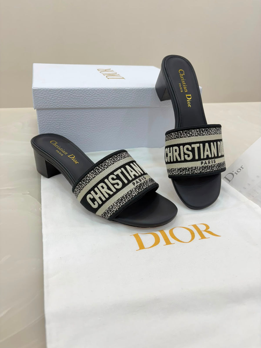 Dior Heeled Slide Deep Blue Embroidered Cotton
