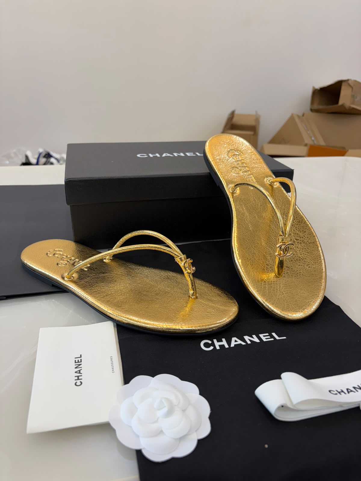 Chanel crackled Laminated Calfskin flat sandal