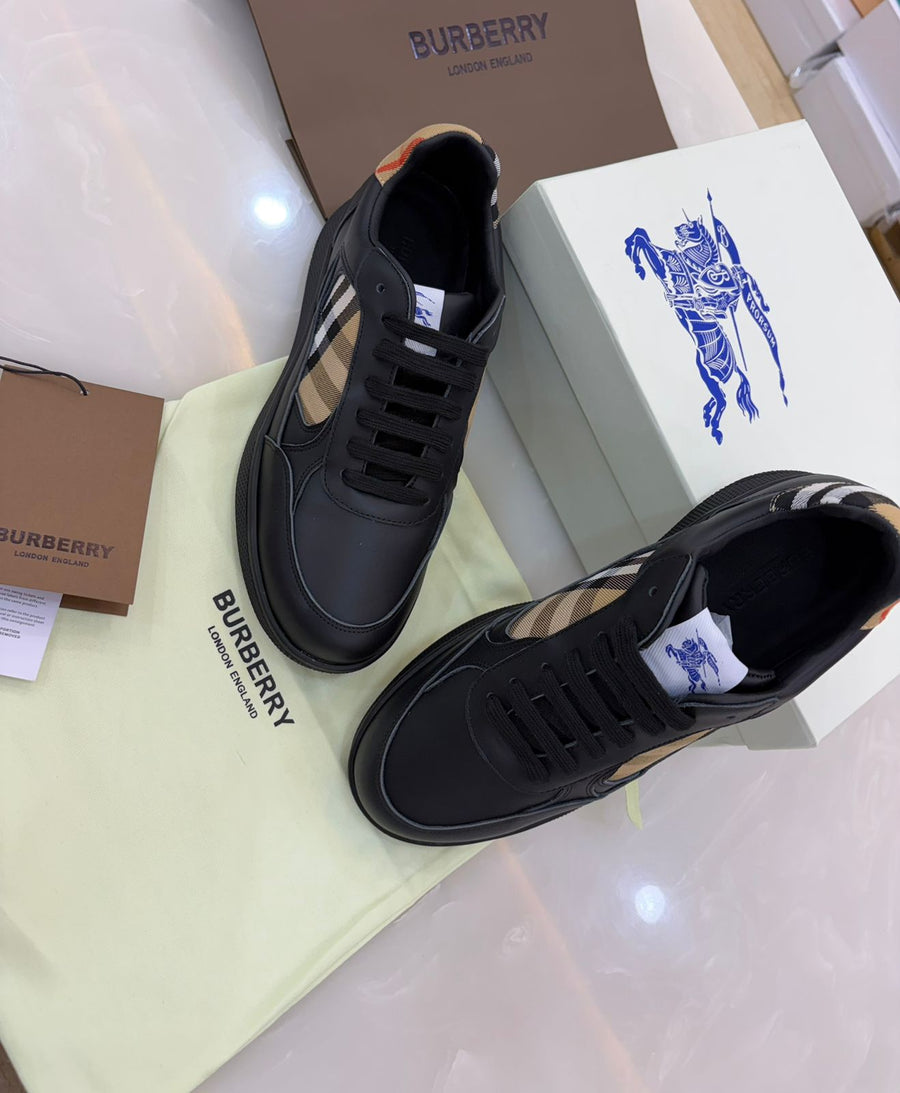 Burberry Leather and Check Terrace Sneakers in black