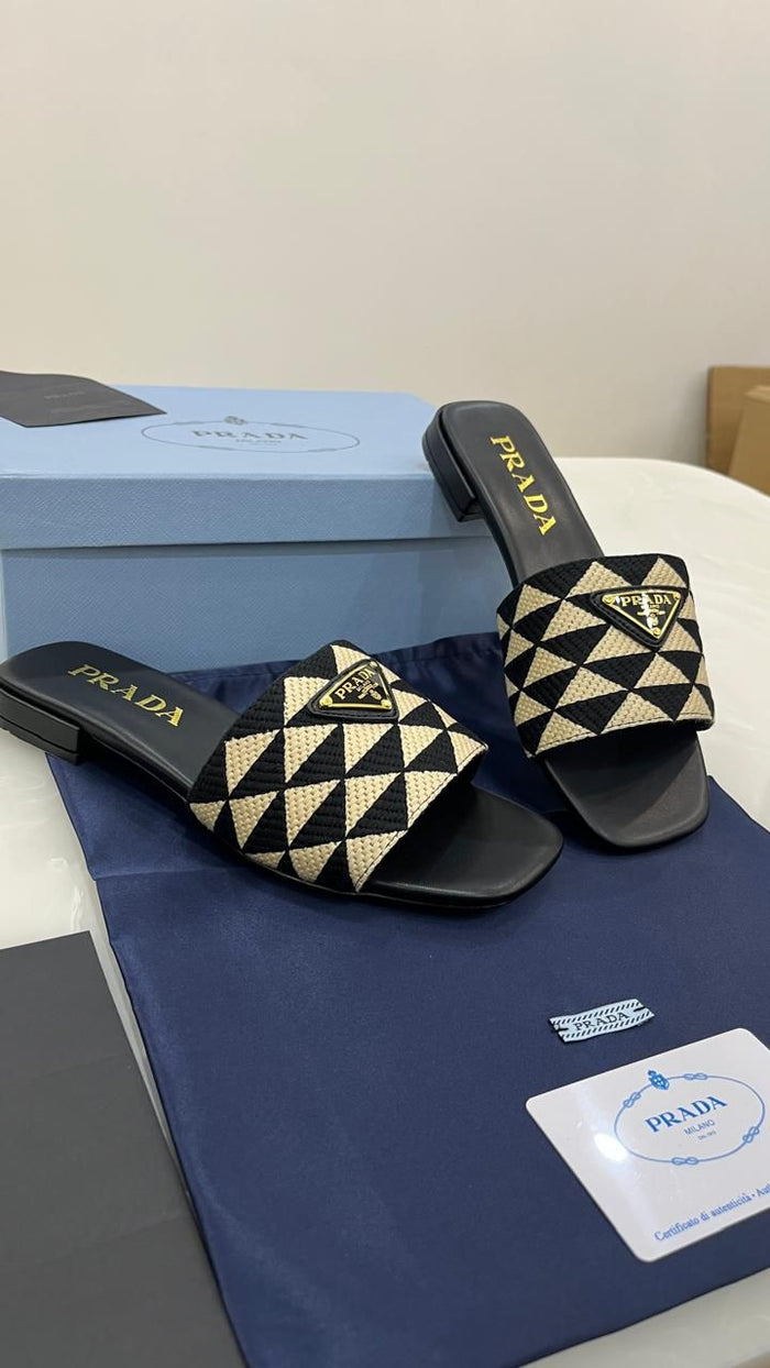 Prada Women's Embroidered Fabric Slide Sandals