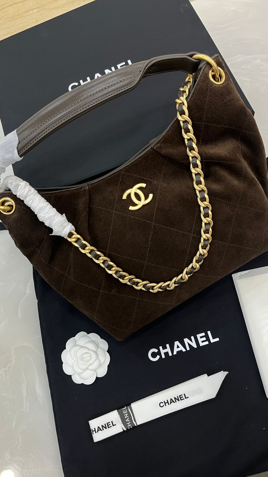 Dark brown suede Chanel Maxi Hobo Bag